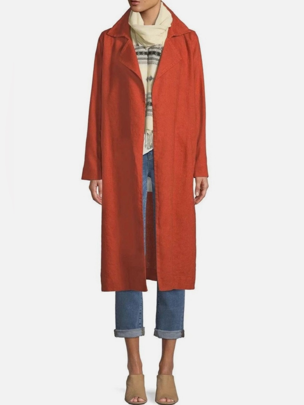 Eileen Fisher 100% Organic Linen Orange Lagonlook Open-Front Trench Coat.Size MP